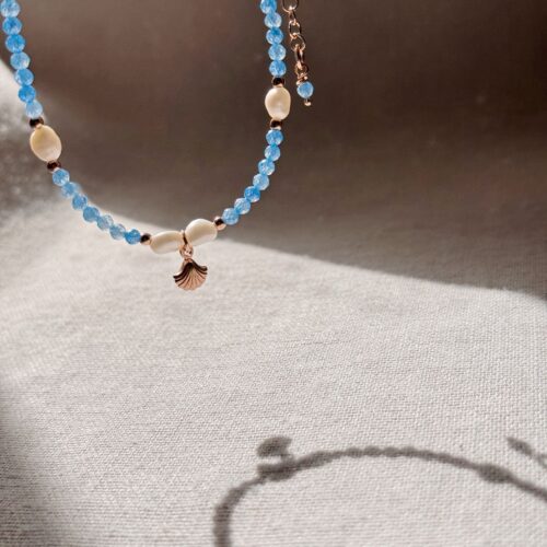 Collana zirconi acqua marina e conchiglia